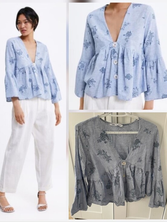 Zara Tops - Zara 100% Cotton Light Blue Floral V-Neck Peplum Blouse